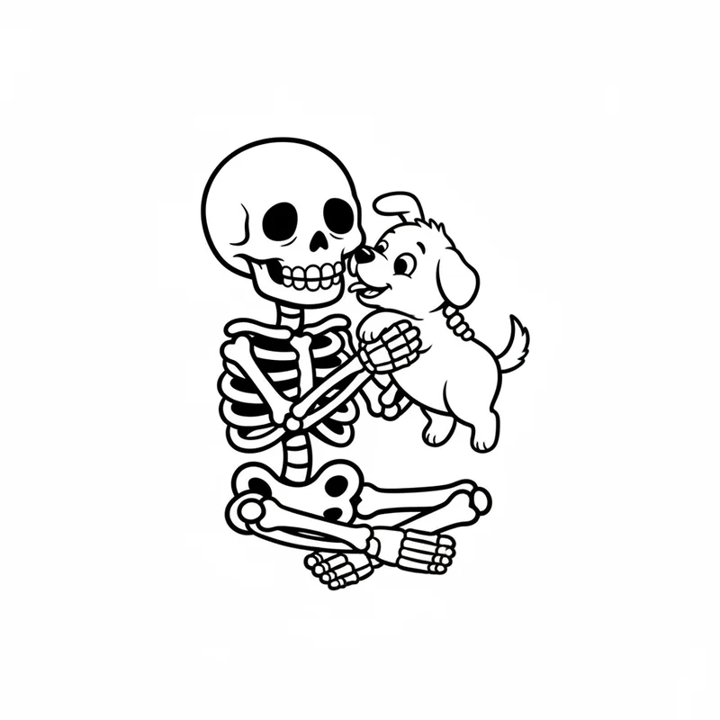 Freundliches Skelett mit Welpe zum Ausmalen