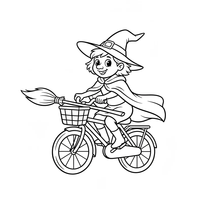 Fröhliche Hexe auf dem Fahrrad zum Ausmalen