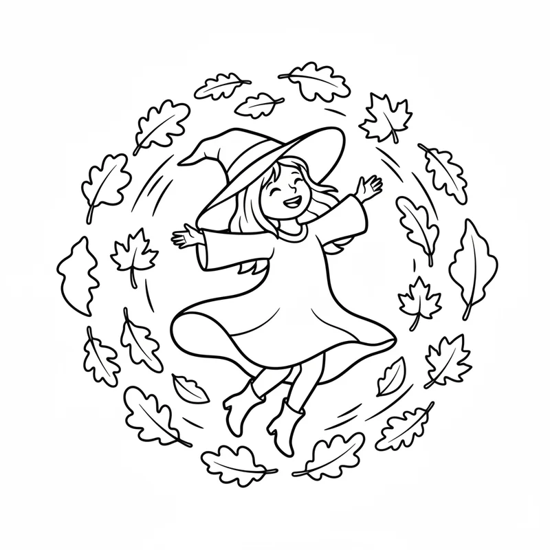 Fröhliche Hexe mit Herbstblättern zum Ausmalen