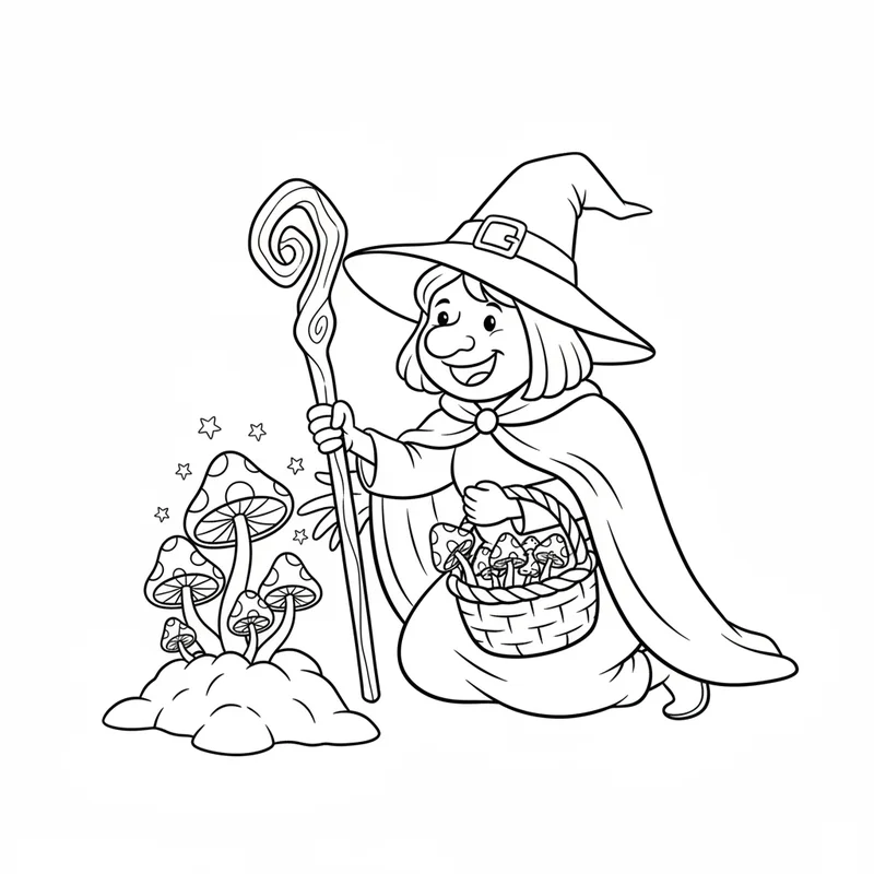 Fröhliche Hexe mit Pilzen zum Ausmalen