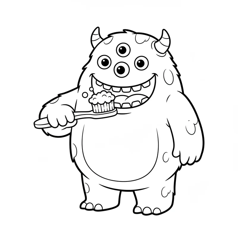 Fröhliches Monster mit Zahnbürste zum Ausmalen