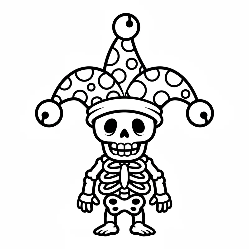 Fröhliches Skelett mit Narrenmütze zum Ausmalen