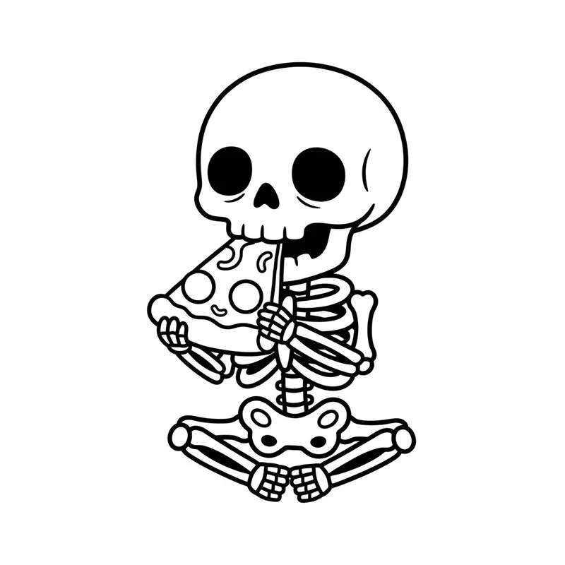 Fröhliches Skelett mit Pizza zum Ausmalen