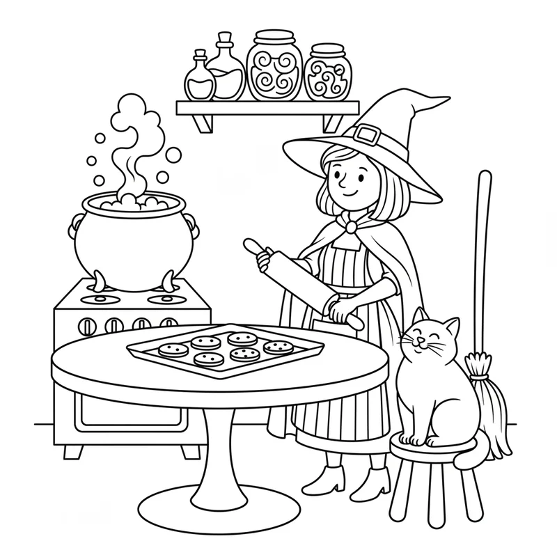 Hexe beim Backen zum Ausmalen