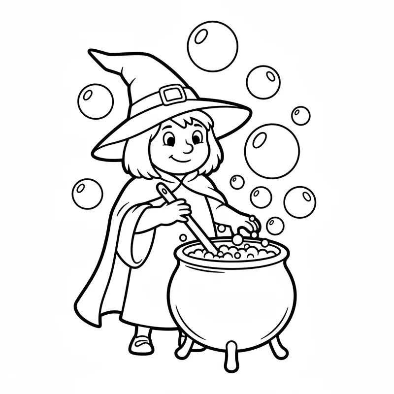 Junge Hexe am Kessel zum Ausmalen