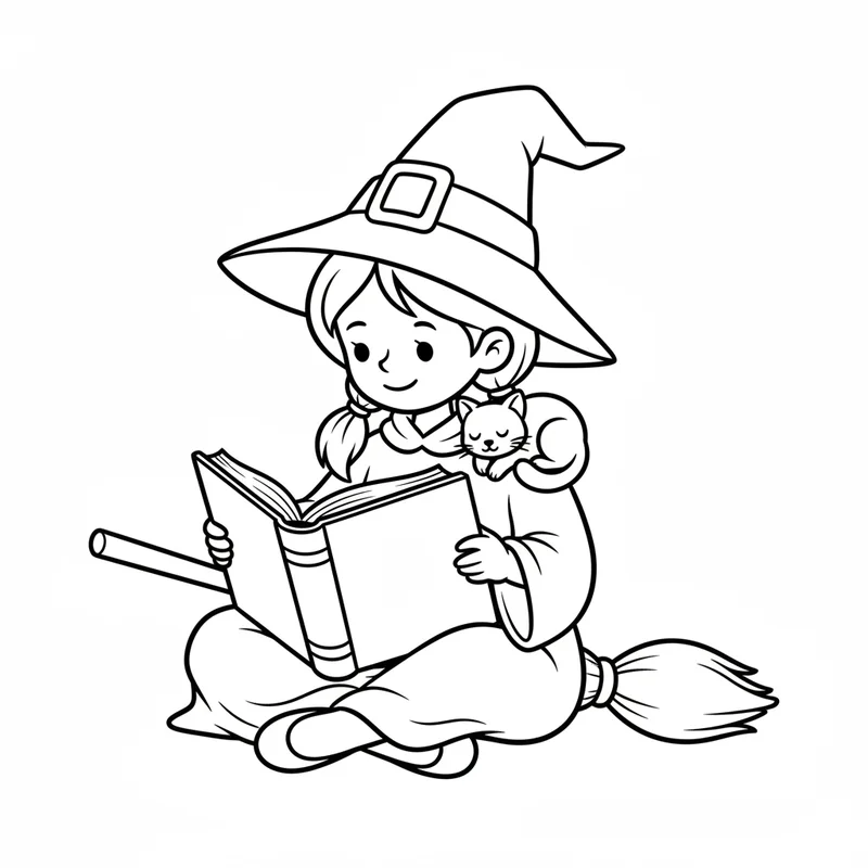 Kleine Hexe mit Buch und Kater zum Ausmalen