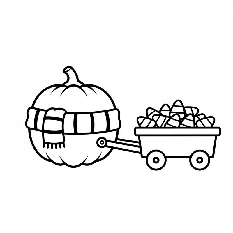 Kürbis mit Schal und Candy-Corn-Karren zum Ausmalen