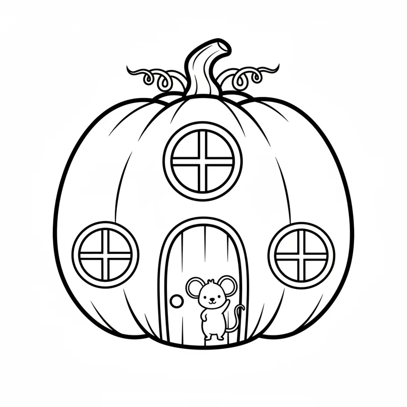 Kürbishaus mit freundlicher Maus zum Ausmalen