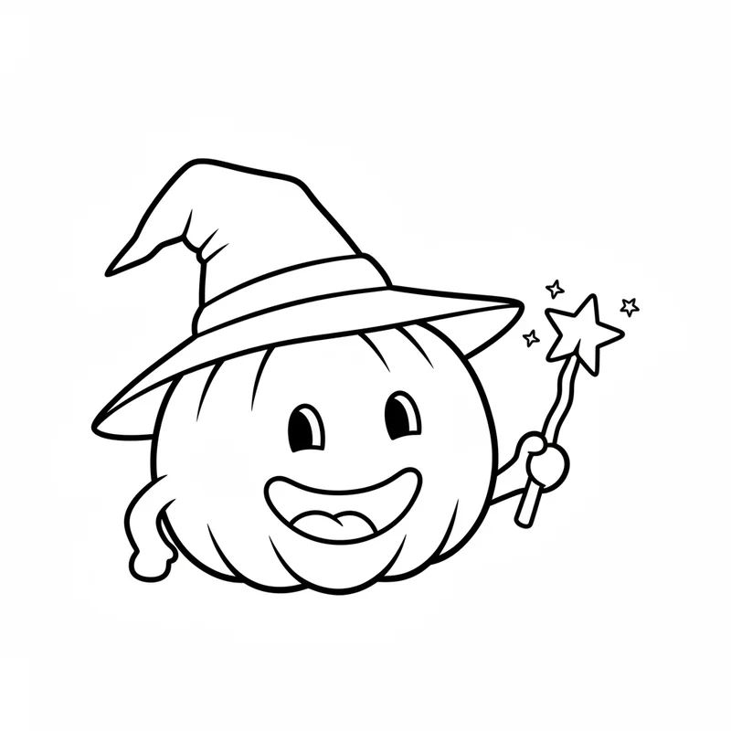 Lächelnder Kürbis mit Hexenhut zum Ausmalen