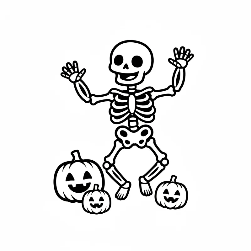 Tanzendes Skelett mit Kürbissen zum Ausmalen
