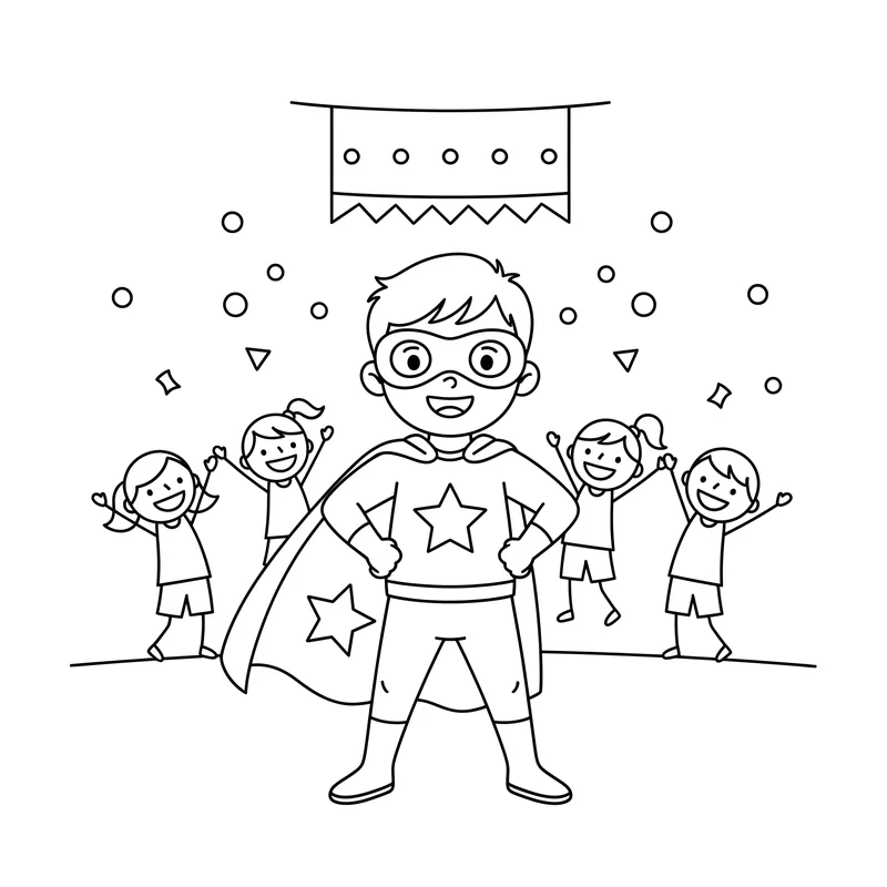 Kind als Superheld beim Karneval zum Ausmalen
