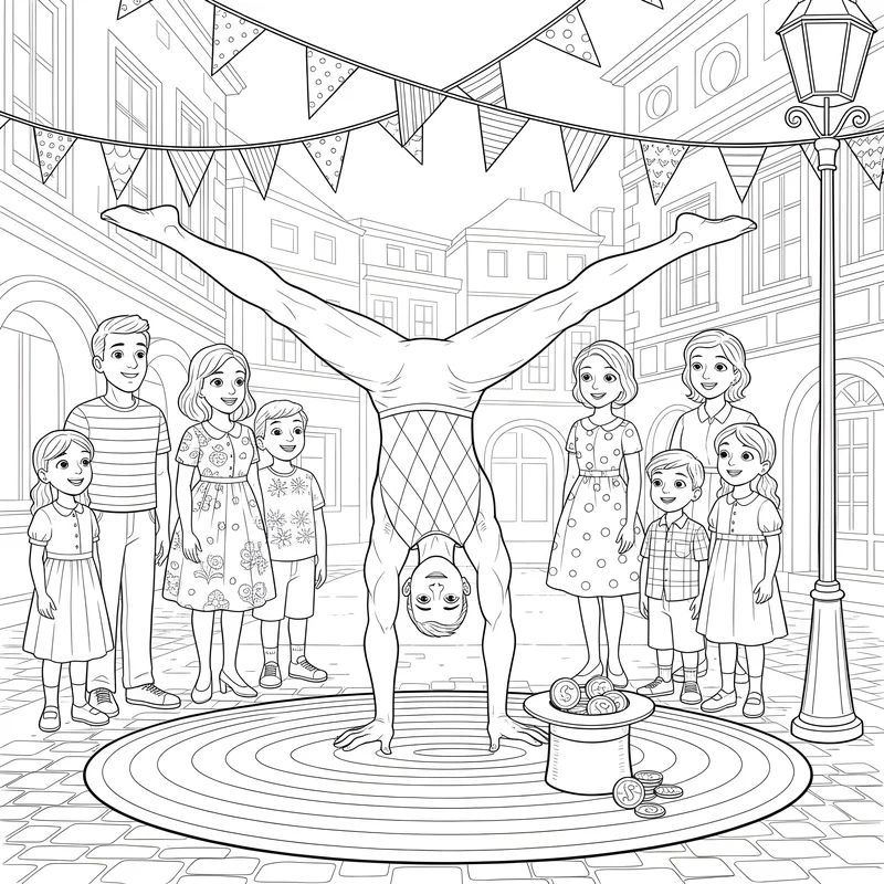 Straßenkünstler mit Akrobatik beim Karneval zum Ausmalen