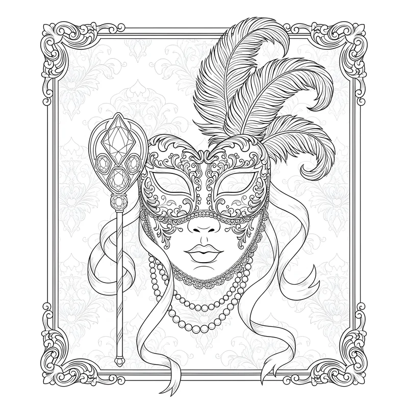 Venezianische Karnevalsmaske mit Federn und Perlen zum Ausmalen