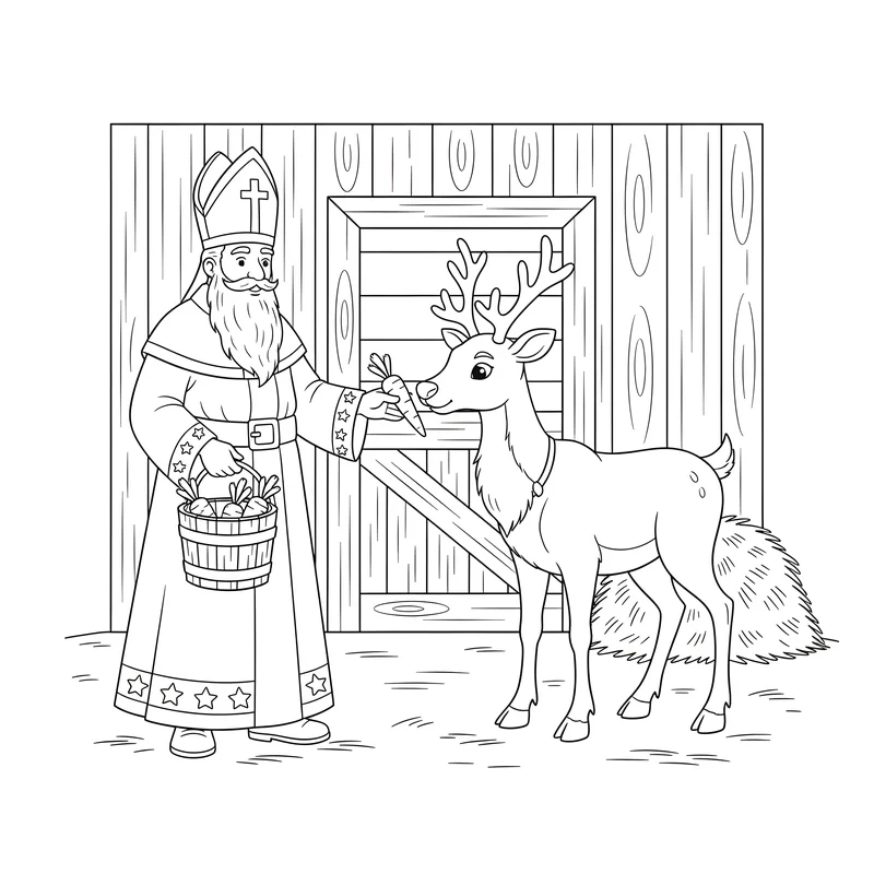 Nikolaus füttert Rentier mit Karotten im Stall zum Ausmalen