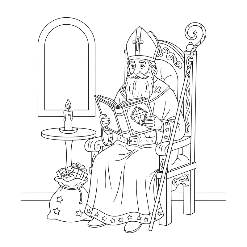 Nikolaus liest aus dem goldenen Buch der guten Taten zum Ausmalen