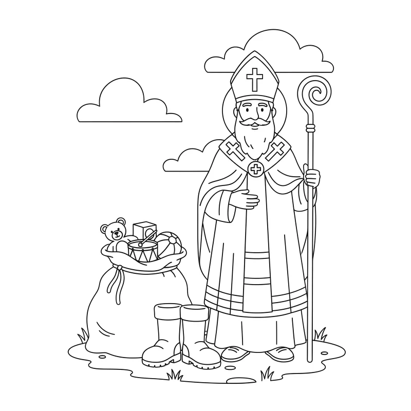 Sankt Nikolaus mit Geschenksack und Bischofsstab zum Ausmalen