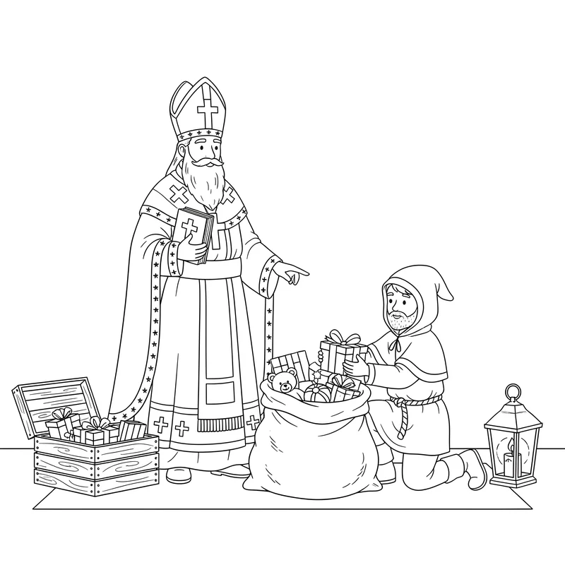 Nikolaus und Helfer sortieren Geschenke zum Ausmalen