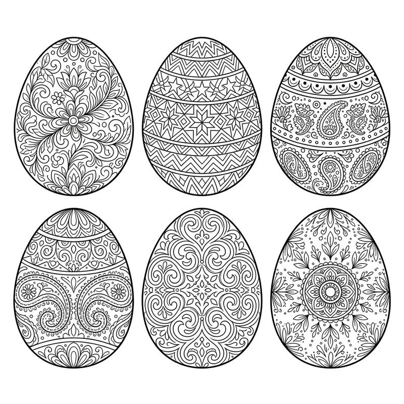 Aufwendig verzierte Ostereier mit Mustern zum Ausmalen