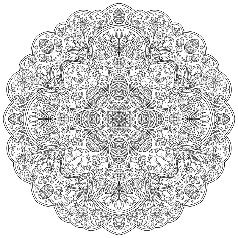 Detailliertes Oster-Mandala mit Blumenranken zum Ausmalen