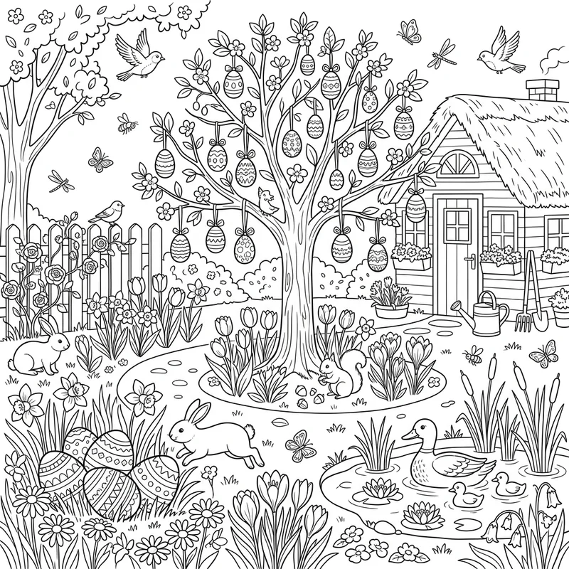Frühlingsgarten mit Ostereiern und Tieren zum Ausmalen