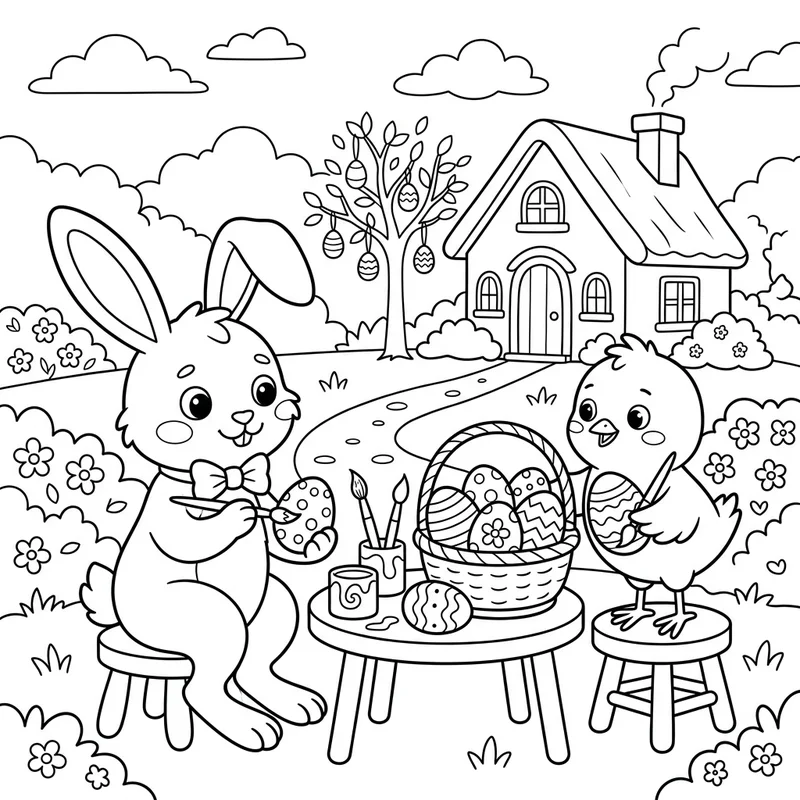 Hase und Küken dekorieren Ostereier zum Ausmalen