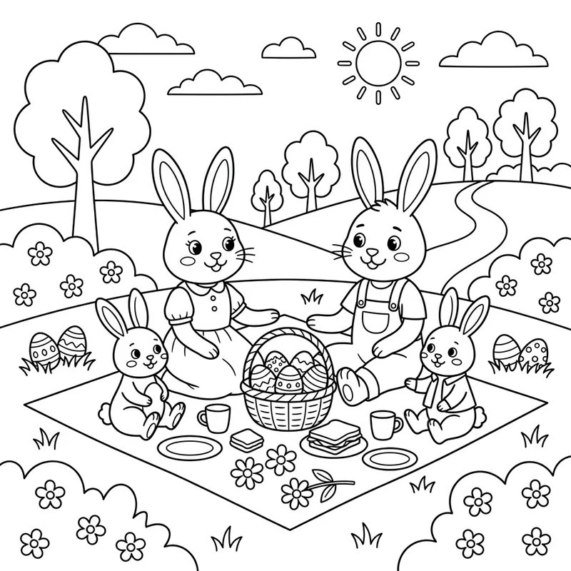Hasenfamilie beim Oster-Picknick zum Ausmalen