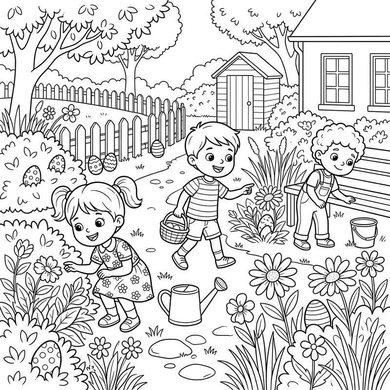 Kinder bei der Eiersuche im Garten zum Ausmalen