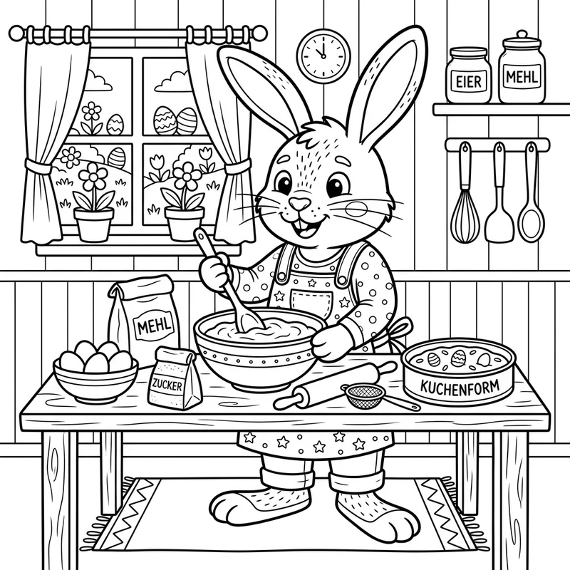 Osterhase backt Osterkuchen zum Ausmalen