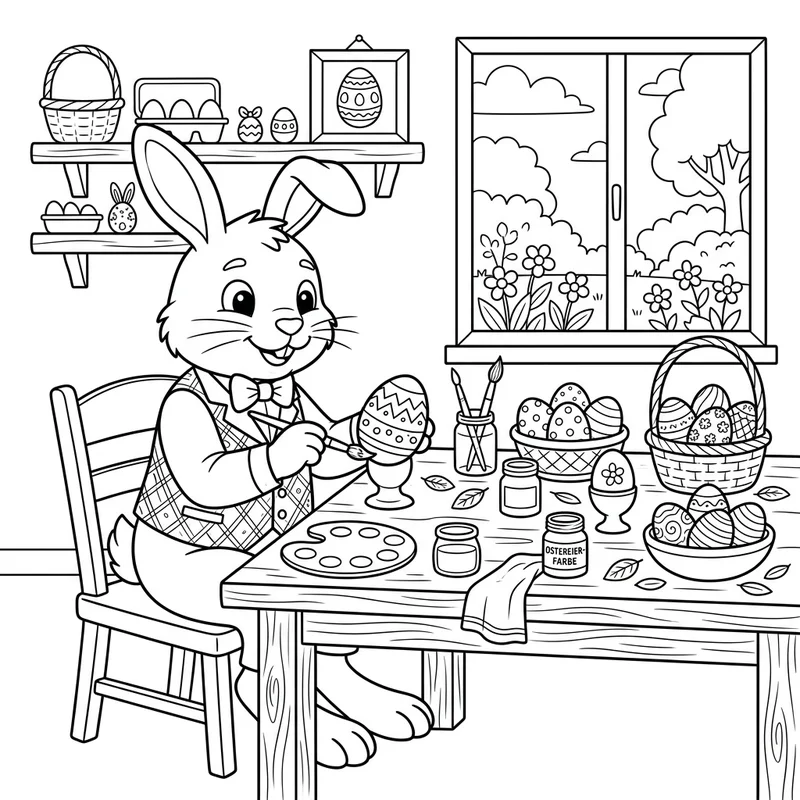 Osterhase bemalt Eier am Tisch zum Ausmalen