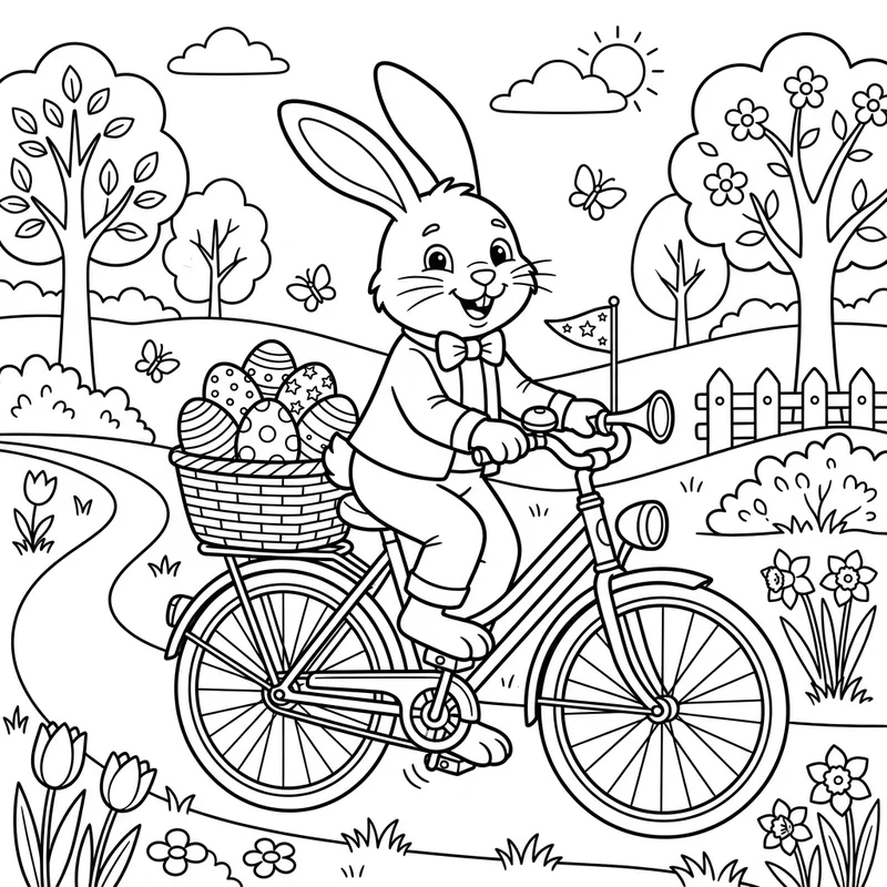 Osterhase fährt Fahrrad mit Eiern zum Ausmalen