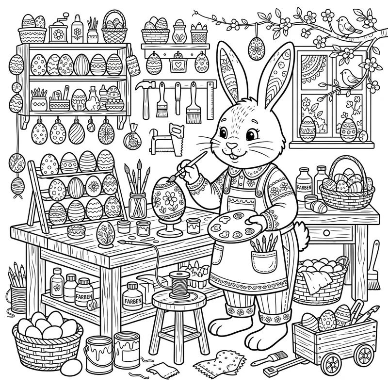 Osterhase in Werkstatt bemalt Eier zum Ausmalen