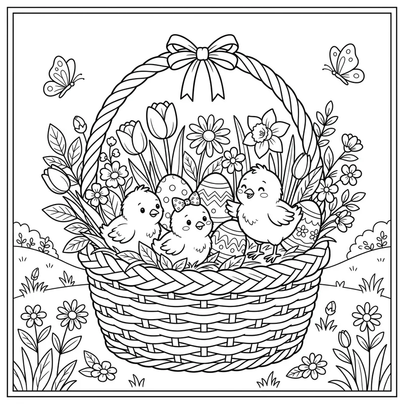 Osterkorb mit Küken und Blumen zum Ausmalen