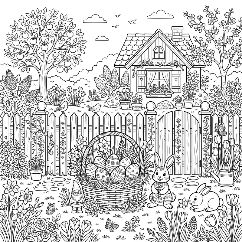 Osterszene mit Garten, Zaun und Eiernest zum Ausmalen