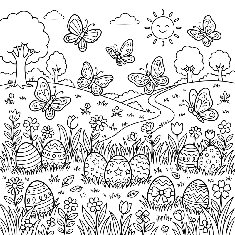 Osterwiese mit Schmetterlingen und Eiern zum Ausmalen