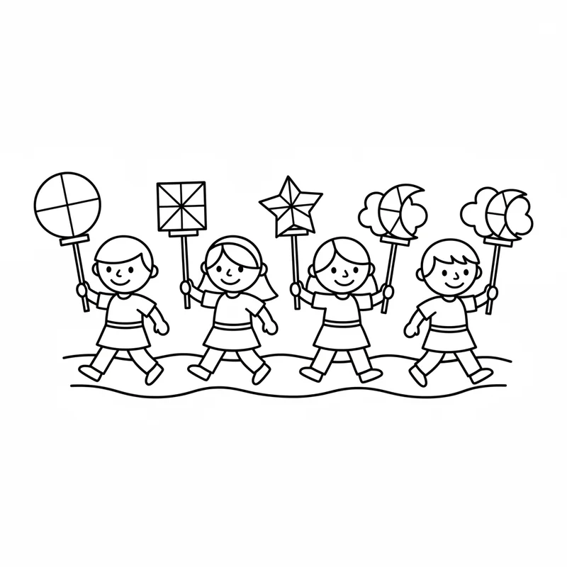 Laternenumzug mit vier Kindern zum Ausmalen