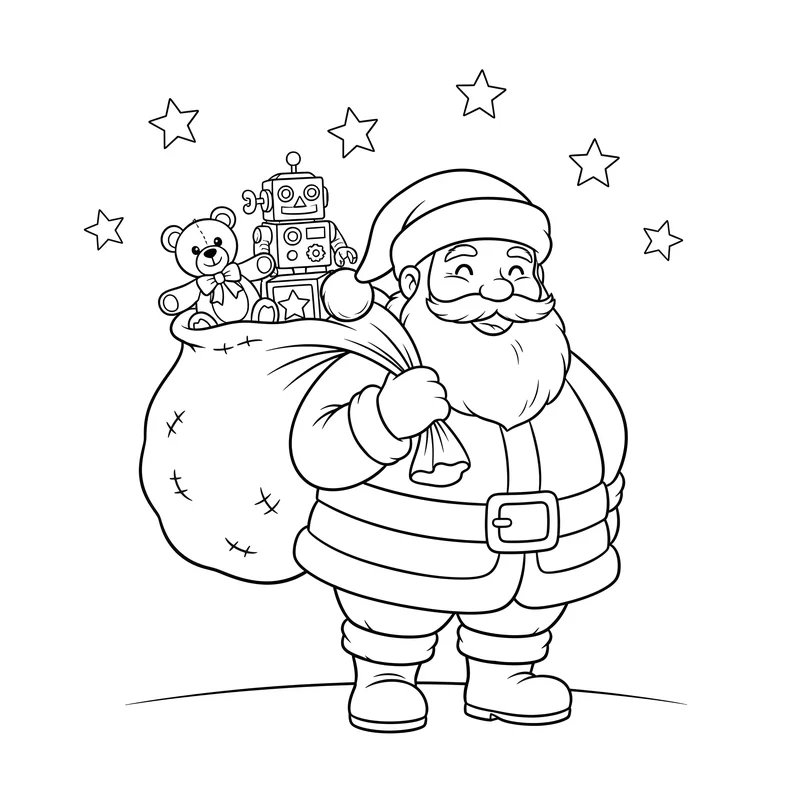 Weihnachtsmann mit Geschenken Ausmalbild für Kinder 6-8 Jahre