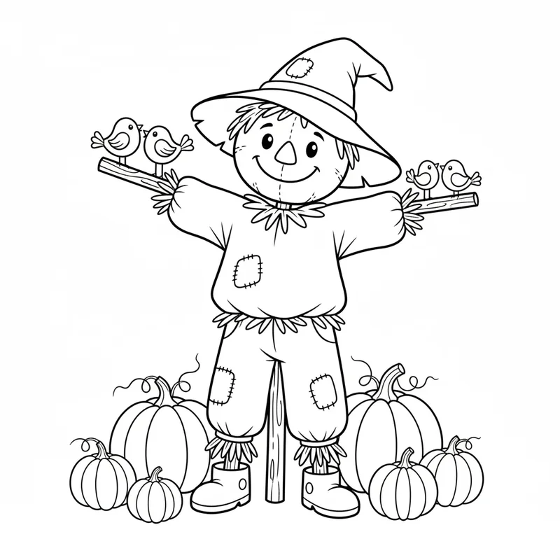 Vogelscheuche mit Kürbissen