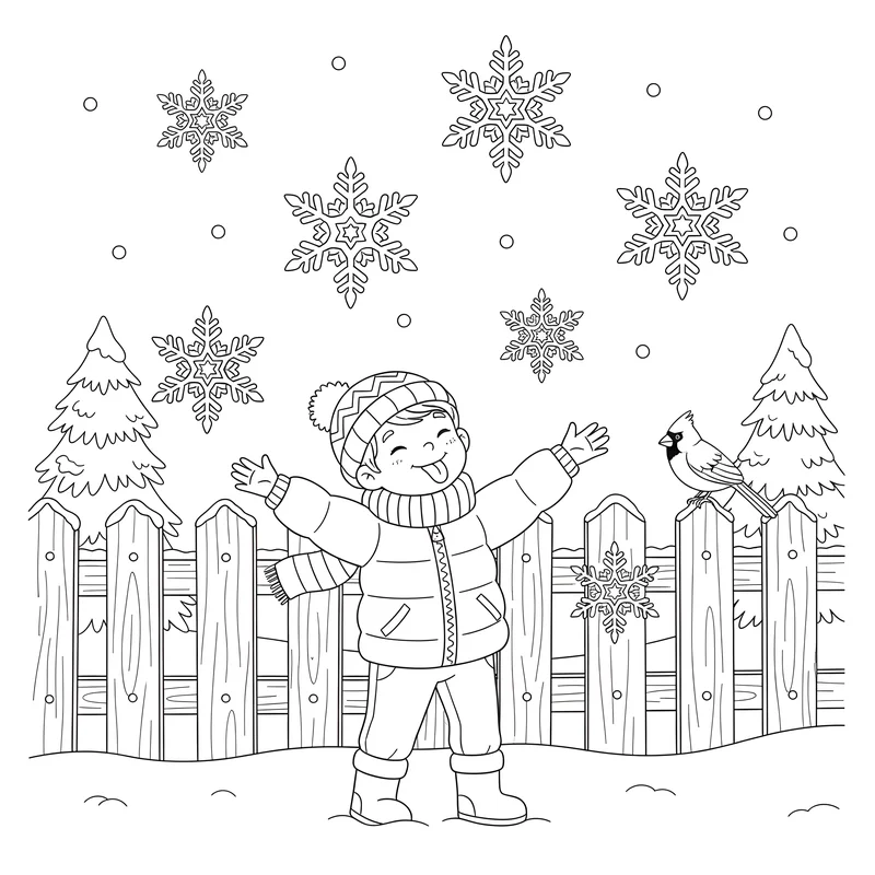 Kind fängt Schneeflocken mit Zunge im Winterwunderland zum Ausmalen