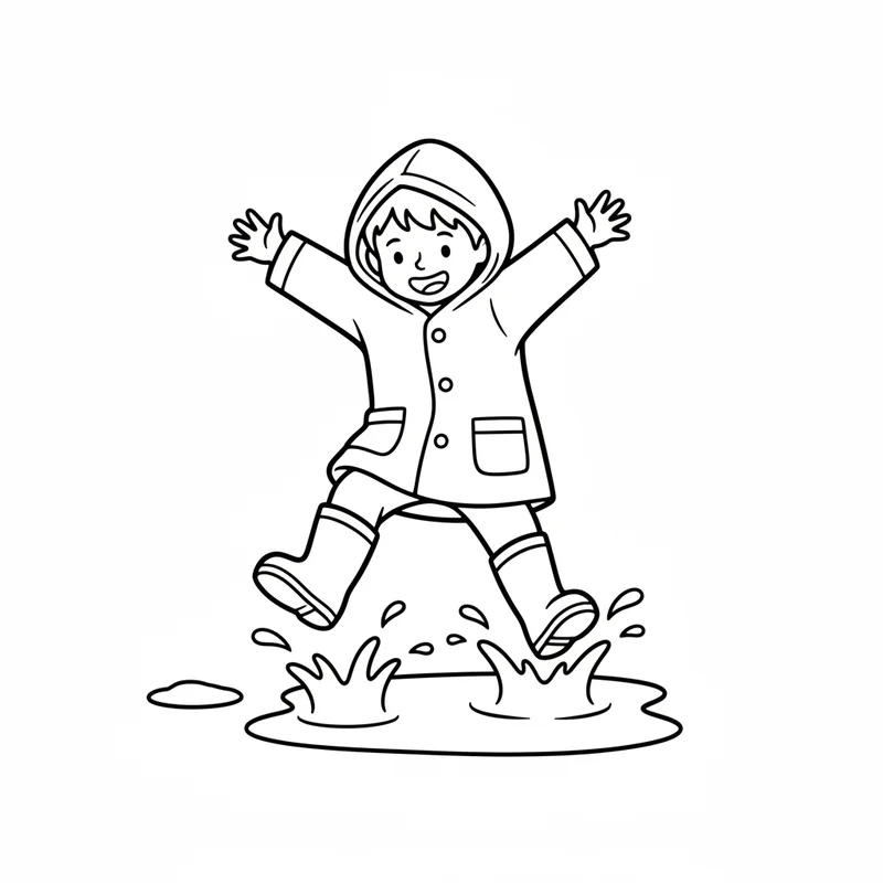 Kind springt in Pfützen zum Ausmalen