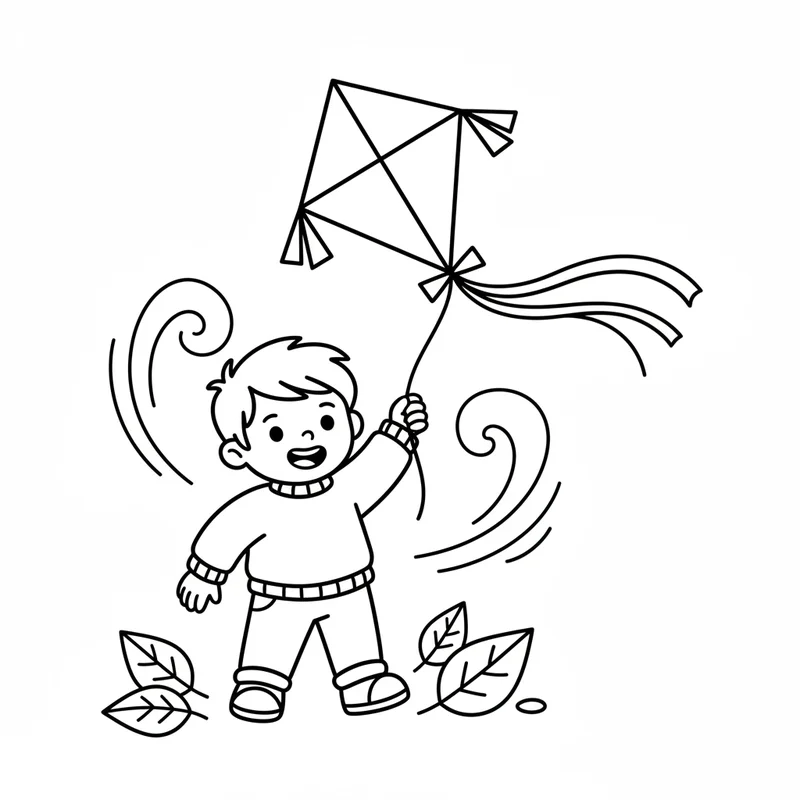Kind mit Drachen im Herbst zum Ausmalen
