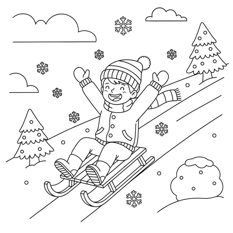 Kind rodelt fröhlich einen verschneiten Hügel hinunter zum Ausmalen