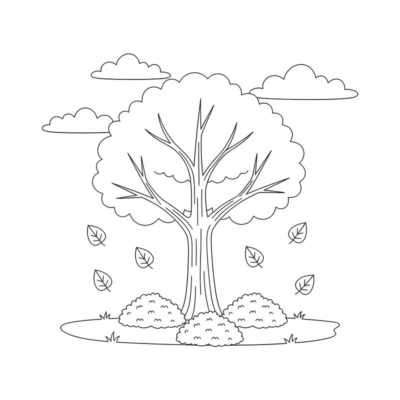 Herbstbaum mit fallenden Blättern zum Ausmalen