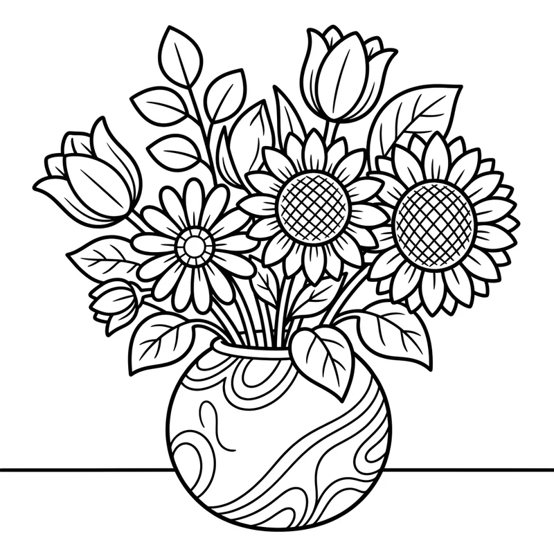 Blumenvase mit bunten Blumen Ausmalbild