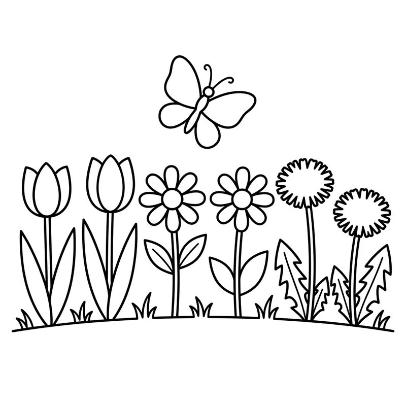 Blumenwiese im Frühling Malvorlage – Blumen Ausmalbild kostenlos