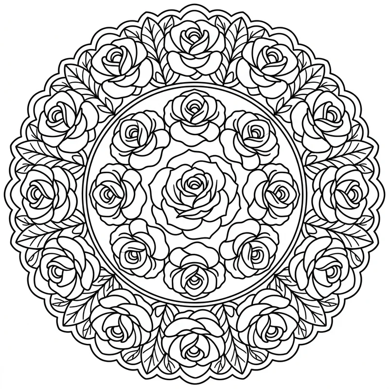 Rosen-Mandala kreisförmig – Blumen Ausmalbild kostenlos