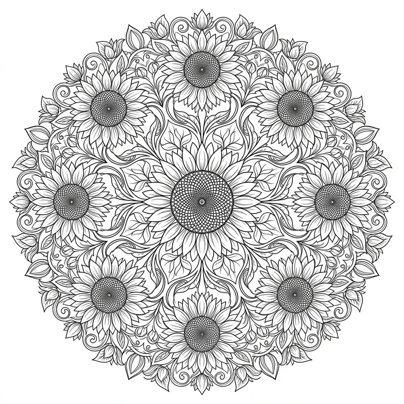 Sonnenblumen-Mandala symmetrisch – Blumen Ausmalbild kostenlos