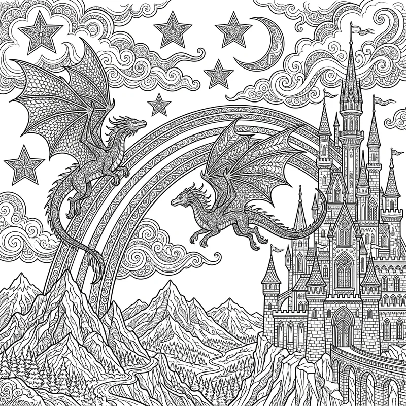 Regenbogen Fantasy Szene Malvorlage – Regenbogen Ausmalbild kostenlos