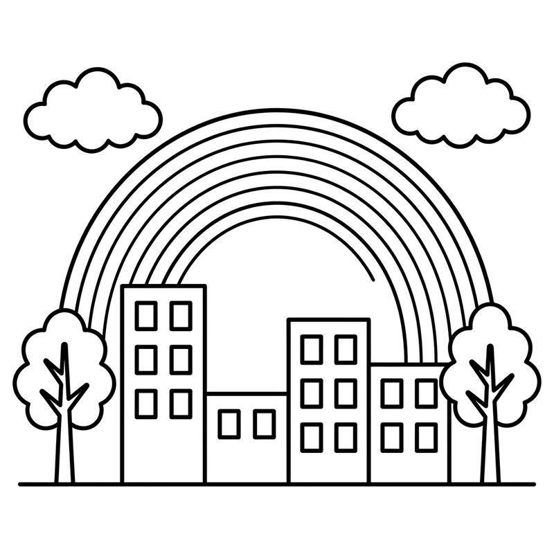 Regenbogen über Stadt Malvorlage – Regenbogen Ausmalbild kostenlos