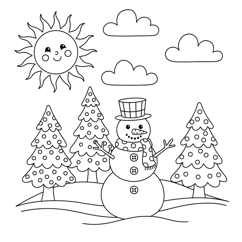 Winterlandschaft mit Schneemann zum Ausmalen