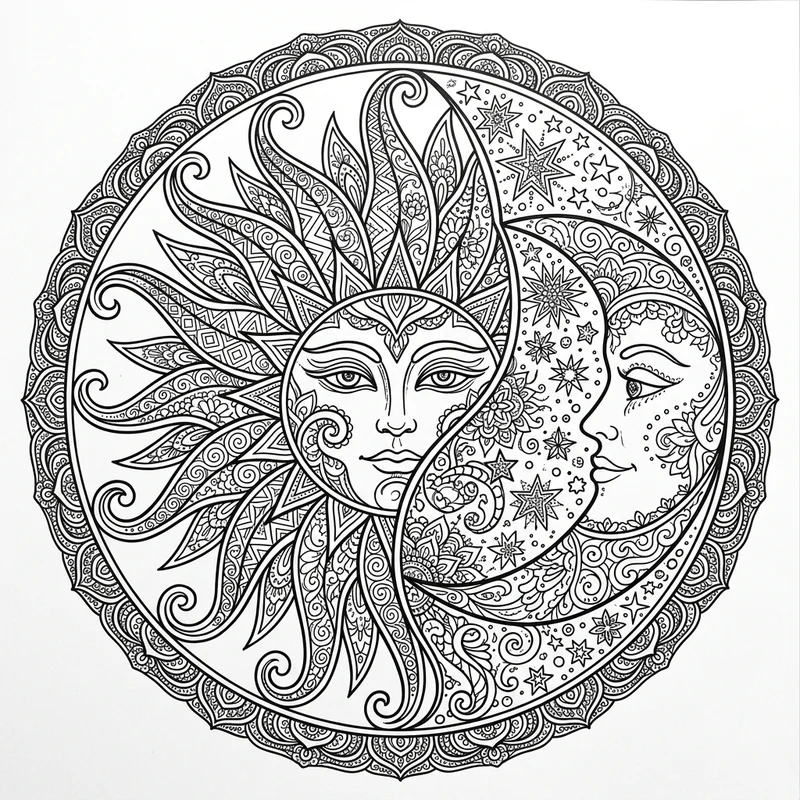 Sonne-Mond-Mandala – Sonne Ausmalbild kostenlos
